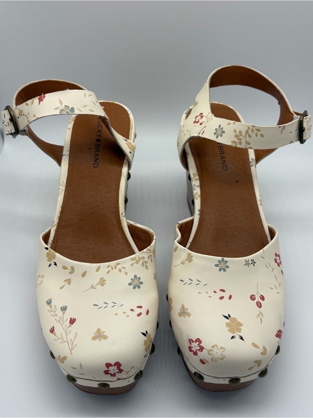 Lucky Brand Cream Floral Ankle-Strap Zazmini Wedge Clogs Size 8.5